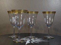 Set 4 Genuine TIFFIN Gold Encrusted Minton 12 Panel Optic White Wine Glasses