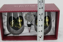 EAI King Queen Stemless Wine Glasses Set Clear With Stopper Gift Boxed