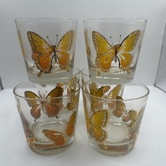 Vintage MCM Libbey 22K Gold Embossed Ombre Yellow Orange Butterfly Rocks Glasses