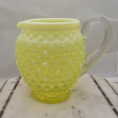 VTG Fenton Uranium Hobnail Opalescent Vaseline Glass Pitcher Yellow Clear Handle