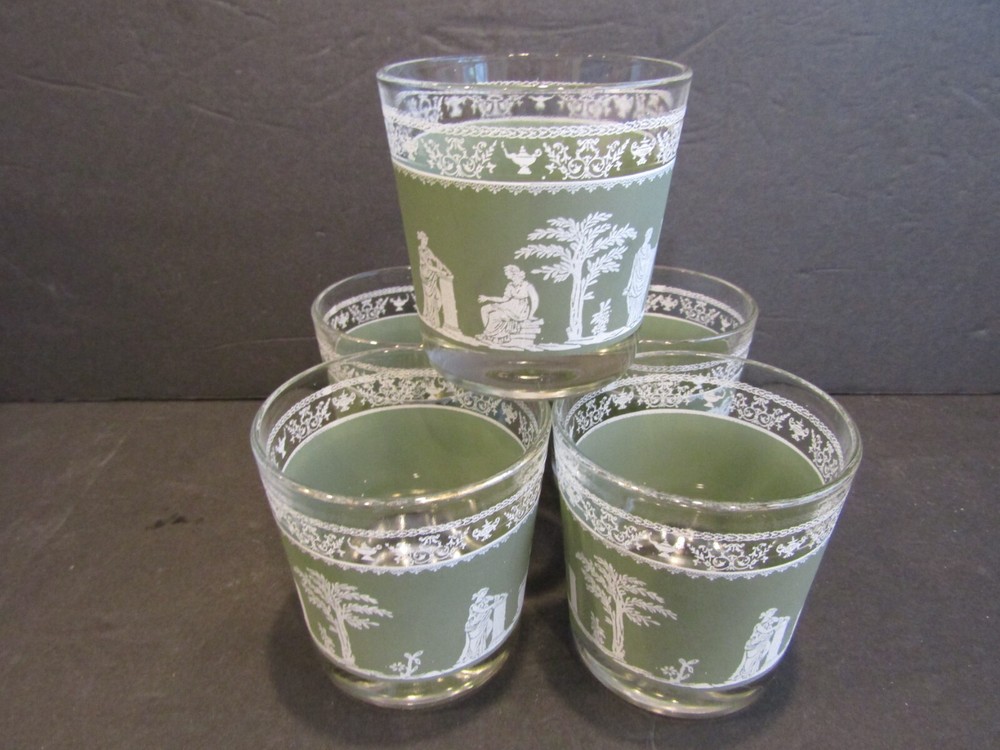 Jeannette HELLENIC GREEN Set of 5 DOF Glasses 3.25″ DOUBLE OLD FASHION Holds 7oz