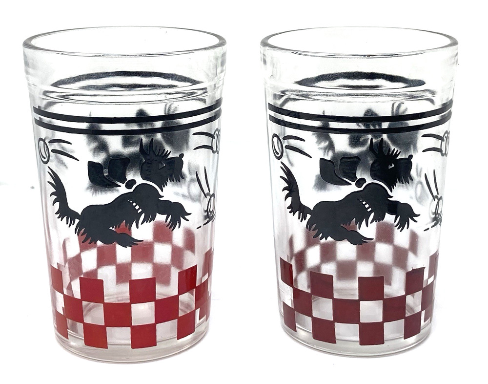 2 Vintage Hazel Atlas Black Scottie Dog Swanky Swig Red Checkered Juice Glass