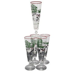 Libbey Pilsner Country Farm Scene Bar Footed Glasses Lot Of 5 MCM Barware VTG