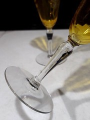SET OF 2- RARE TIFFIN ARCADIAN TOPAZ YELLOW ETCHED BASKET 7 3/8″ WATER GLASSES