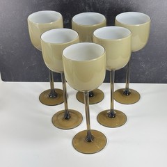 Set 6 Carlo Moretti Tall Long Stem Wine Glasses Cased Glass Tan Taupe White 9″