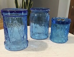 3 Vtg Blue Glass Patriotic Eagle Soldier Glasses, 2 Wheaton, 1 Kanawha Toothpick