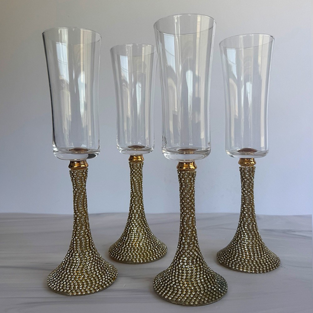 Set Of 4 Handmade Gold Rhinestone Champagne Flutes Glam Toasting Glasses 10”