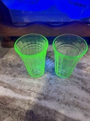 Hazel Atlas Moderntone Green Uranium Glass Tumblers Juice Glasses Set of 2 VTG