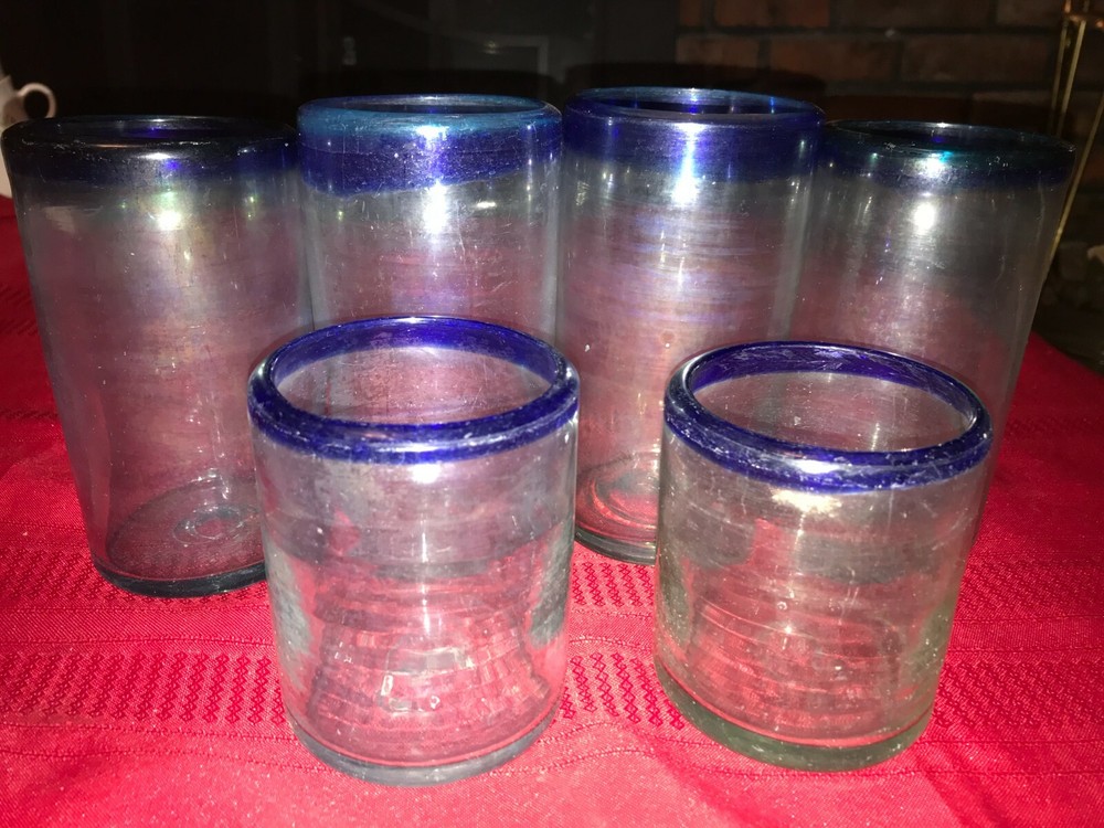 6 VTG THICK HEAVY Hand Blown Cobalt Blue Rim 6″ Tumbler & 3¾» Rocks Glass MEXICO