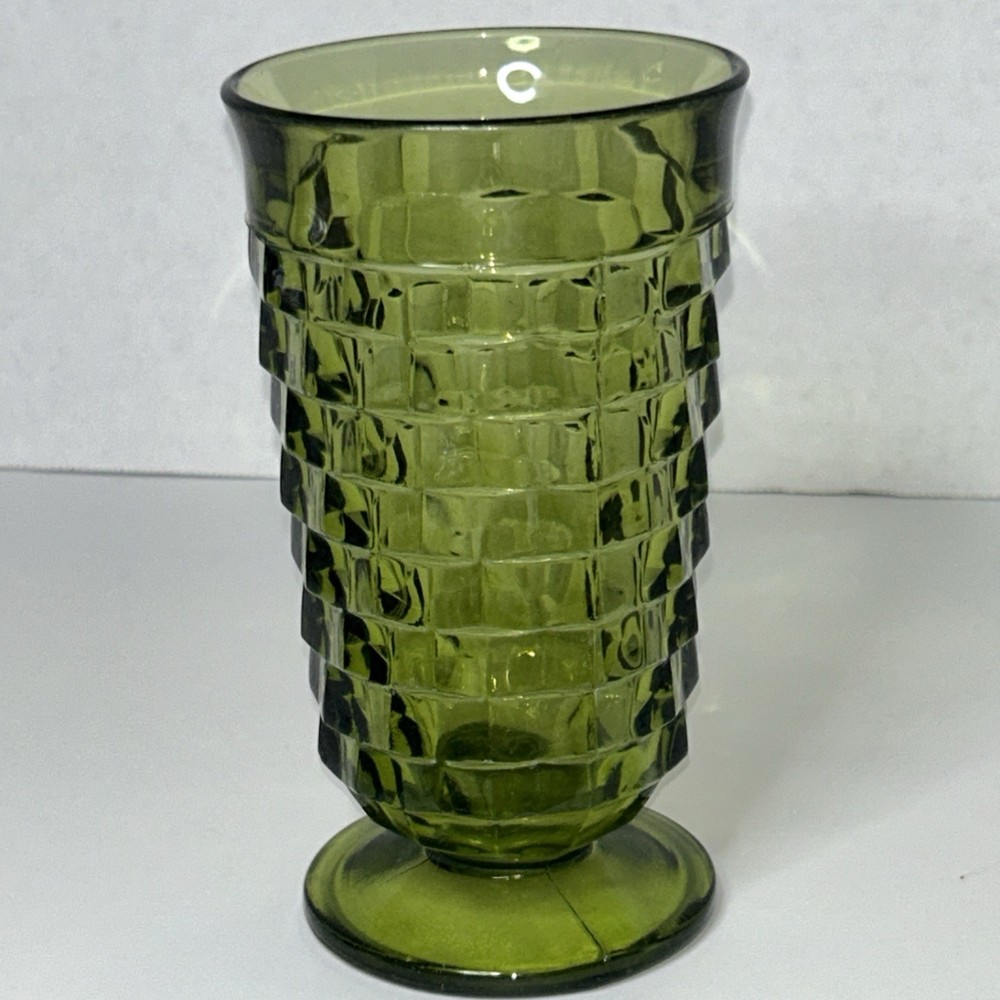 Vintage Indiana Colony Whitehall Green Cubist Footed Tea Glass 12 Oz.