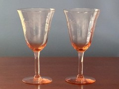 TIFFIN ELEGANT GLASS 2 PINK OPTIC #14196 STEMS WATER GOBLETS FLORAL CUTTING EC