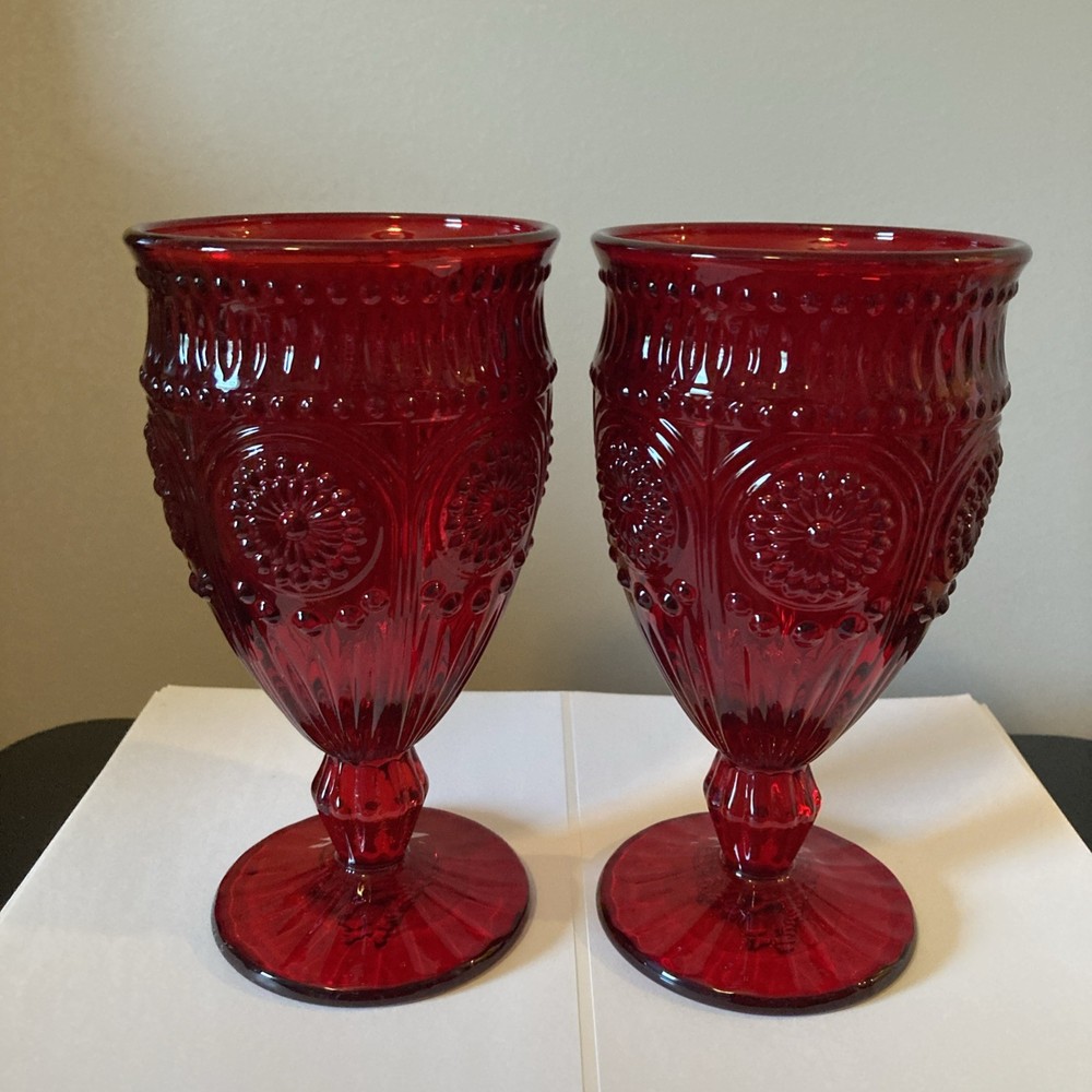 Set of 2 The Pioneer Woman Adeline Ruby Red Embossed Goblets Glassware 12oz New