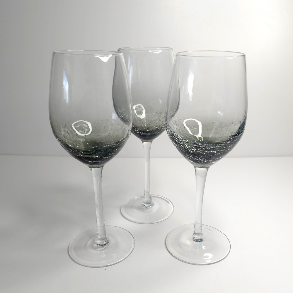 Set of 3 Pier 1 Smoke Crackle White Wine Glasses Elegant Clear Drink Stemware