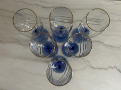 Set Of 6 Crystal Blue Water Wine Goblet Gold Trim Drape Optic 8 1/8” Vintage