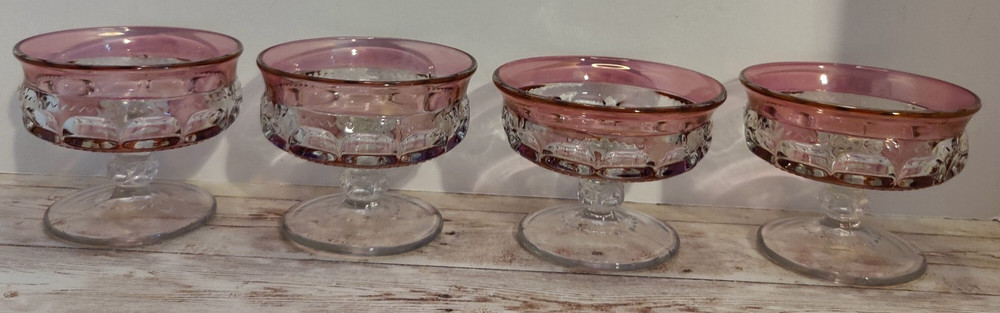 Kings Crown Ruby Red Rim Thumbprint Tiffin Glass Sherbet Dessert Dish Set 4 VTG