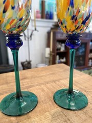 Pair Bohemian Czech Art Glass Spatter Confetti Wine Goblets 8.75” Cobalt Stem