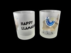 PAIR OF SIGNED CULVER HAPPY LLAMAKAH FROSTED & CLEAR JUDAICA 4 1/4″ TALL GLASSES