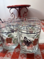 Vintage Anchor Hocking Rock Clear Glasses Set of Nine Pink-Blue Floral Appliqué