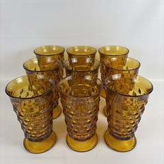 Set of 9 VTG Indiana Whitehall Colony Cubist Amber Glass Footed Iced Tea Tumbler