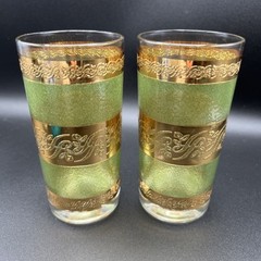 Vintage MCM Culver Starlyte 22k Gold Stripes Green Set of 2 Highball Glasses