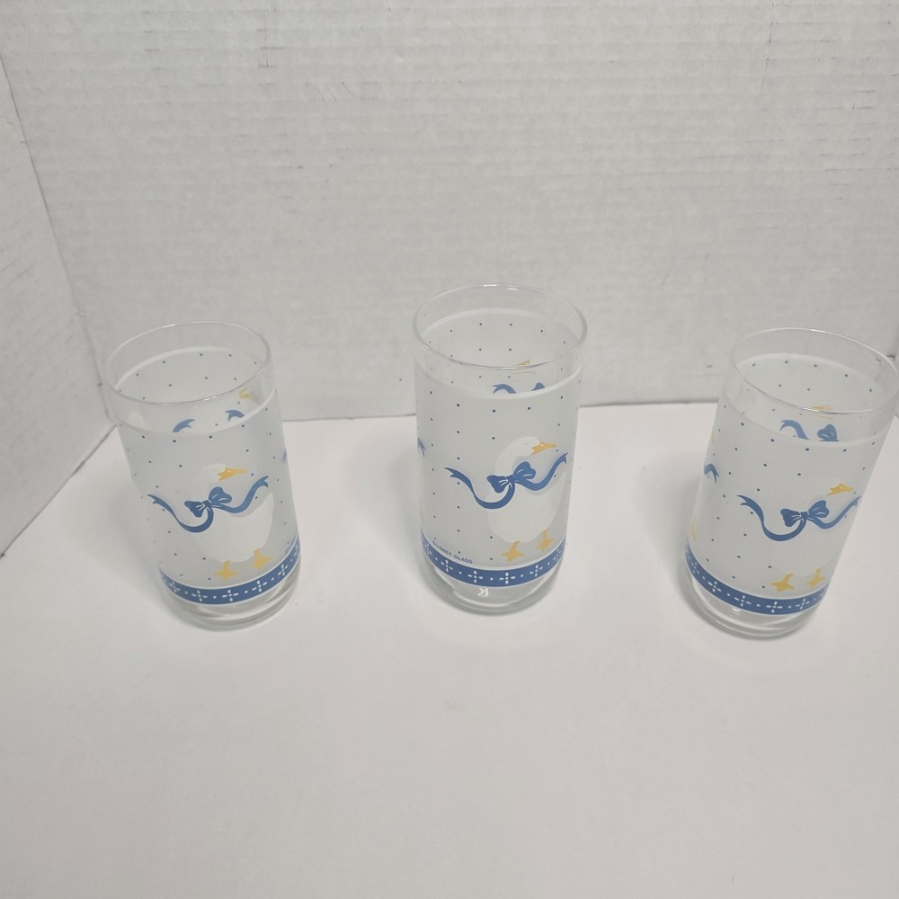 Vintage Libbey Country Geese Goose Frosted Drinking Glasses Set of 3 Blue Bow