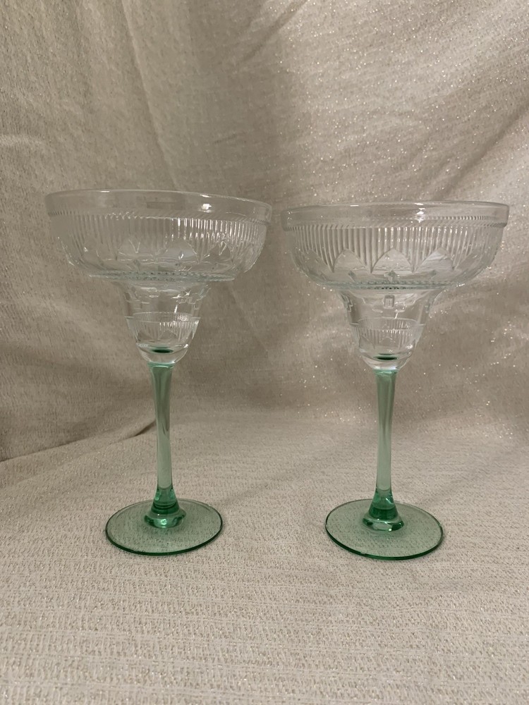 Vtg Durand Cristal D’arques Green Stem Sombrero Margarita Set 2 Embossed Glasses