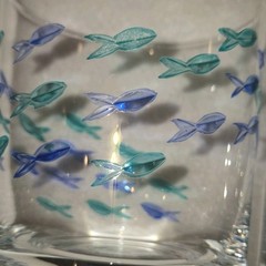 Vintage Old 1930s Ocean Crystal Cut Fish Design Tumbler Whiskey Glasses