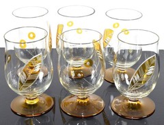6 Vintage Art Deco Era Cut & Amber-Stained Glass European Cordials/Snifters