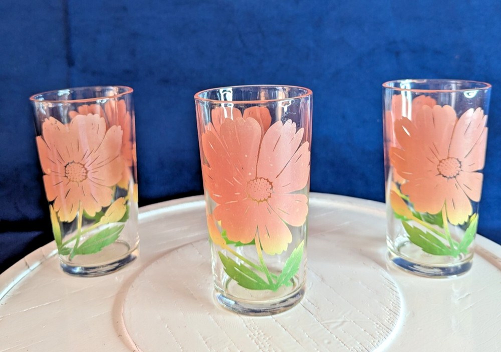 3 Vtg MCM Federal Glass Pink Hibiscus Flower 5″ Tumblers Glasses Summer Floral