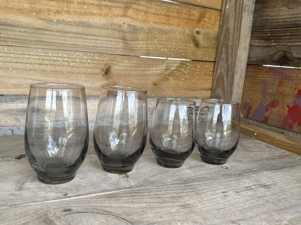 1970 Vintage Libbey Tumbler Glasses Rounded Weighted Base Smoke Glass Set of (4)