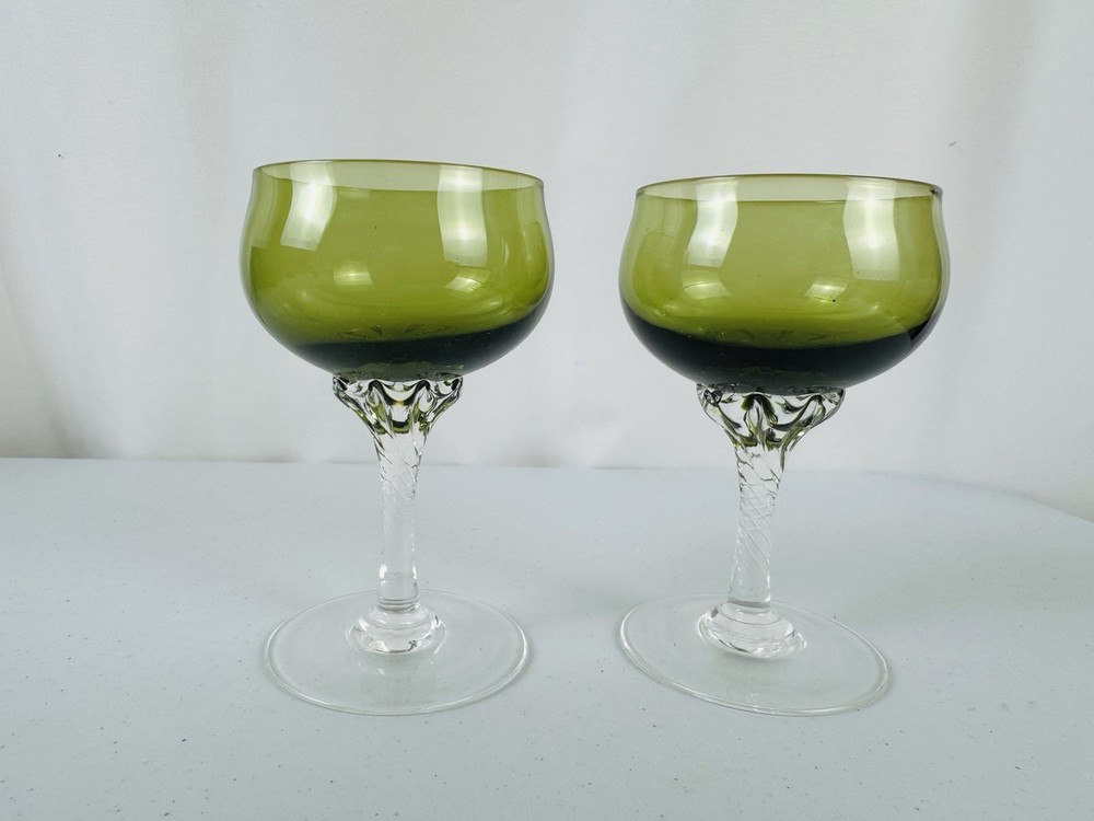 2 Vtg. SASAKI Coronation Dark Green Cocktail Martini Champagne Sherbet Glass 4oz