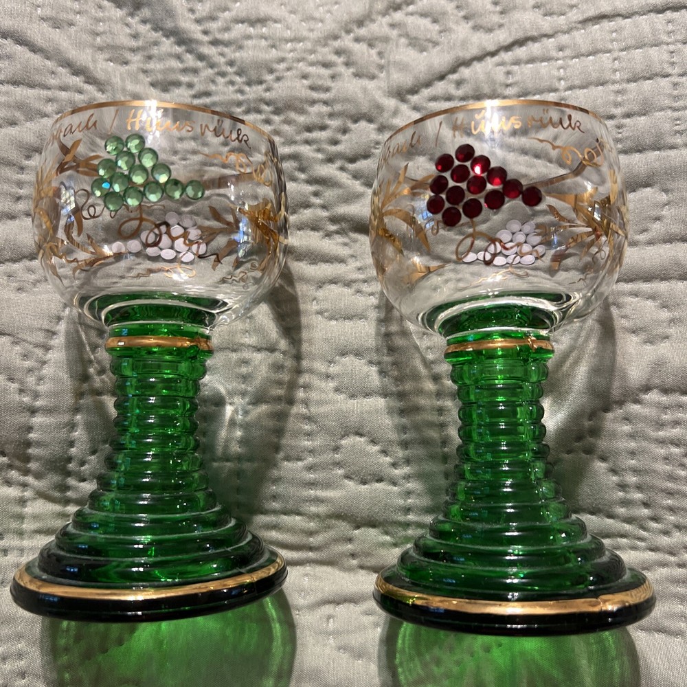 Lot of two German beehives stand Wine glasses with gold paint and rhinestones