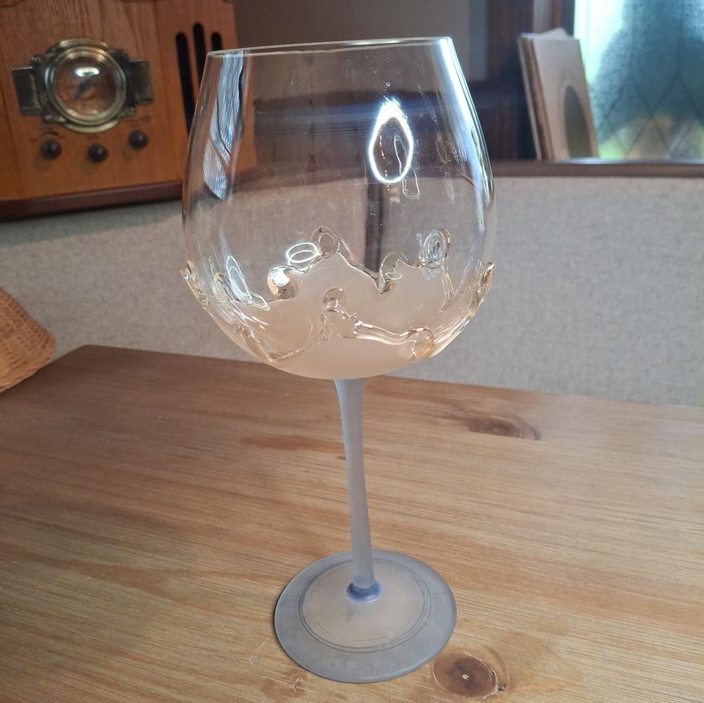 Ion Tamaian Signed Art Glass Wine Goblet Frosted Stem Clear Applied Wave Bowl