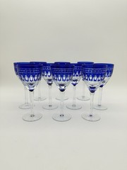 Vintage Akja Cobalt Blue Cut To Clear Tall Stem Wine Glasses Set of 10 6-3/4″