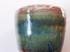 6″ Studio Pottery Chalice Goblet, Red & Green Glaze, Blue Slip-Dots