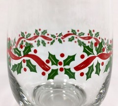 Libbey HOLLY BERRY & RED RIBBON Gold Rim Tulip Tumbler Xmas 14 oz 5 1/4″ Vtg EUC