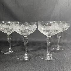 4 Bryce 350-4 Champagne Sherbet Glasses Etched Band Bow & Floral Swag 5-1/4″