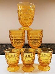6 Vintage Indiana Amber Whitehall Cube Cubist Pattern 9 oz. Juice Glasses