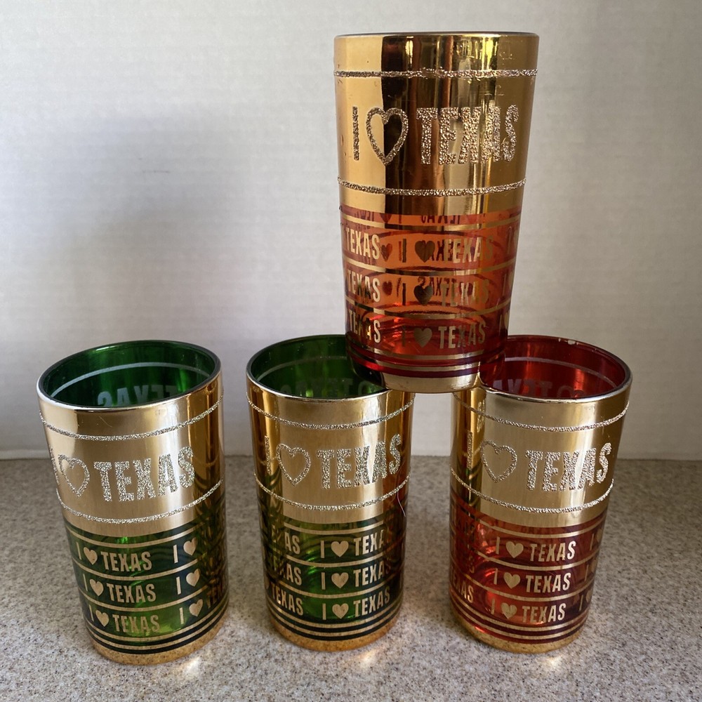 Set Of 4 Vtg I Love Texas Drinking Glasses Gold Green Red Korea Barware, Guilded