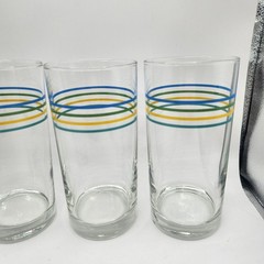 Set Of 4 – Vintage 6″ Striped Tumblers Glasses Blue Green Yellow Teal Stripes