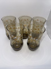 Set 5 VTG Mid Century Amber Leaf Floral Drink Glasses Tumblers Weighted Bottom