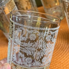 22K Glamor Gold Block Raised Pattern Highball Tumbler Glasses MCM Vintage