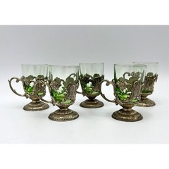 Vintage Green Glass Silverplate Cordial Glasses Victorian Barware Set of 5 Shots