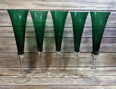 Set of 5 Lenox Holiday Gems Emerald Champagne Toasting Flutes Etched Holly