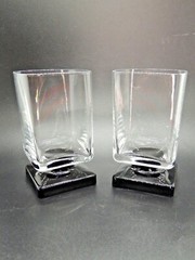 Set of 2 MCM Square Drinking Glasses Black Purple Short Pedestal Cordial Glasses