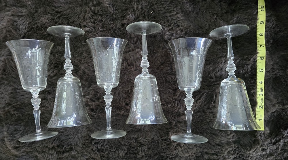 Set of 6 Fostoria June Etched Crystal Water Goblets 8″ Vintage Stemware