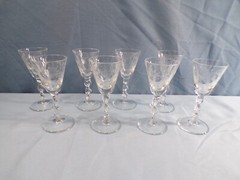 Set of 8 Morgantown Clear Glass Bo Peep Etch Cordials Small Wine Glasses Goblets