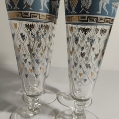 Vintage Greek Scene Etruscan Frieze Glasses by Cera Blue & Gold & White Set of 4