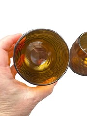 Pair Vintage Roly Poly Faceted Amber Gold Honeycomb Stemless Rocks Glasses