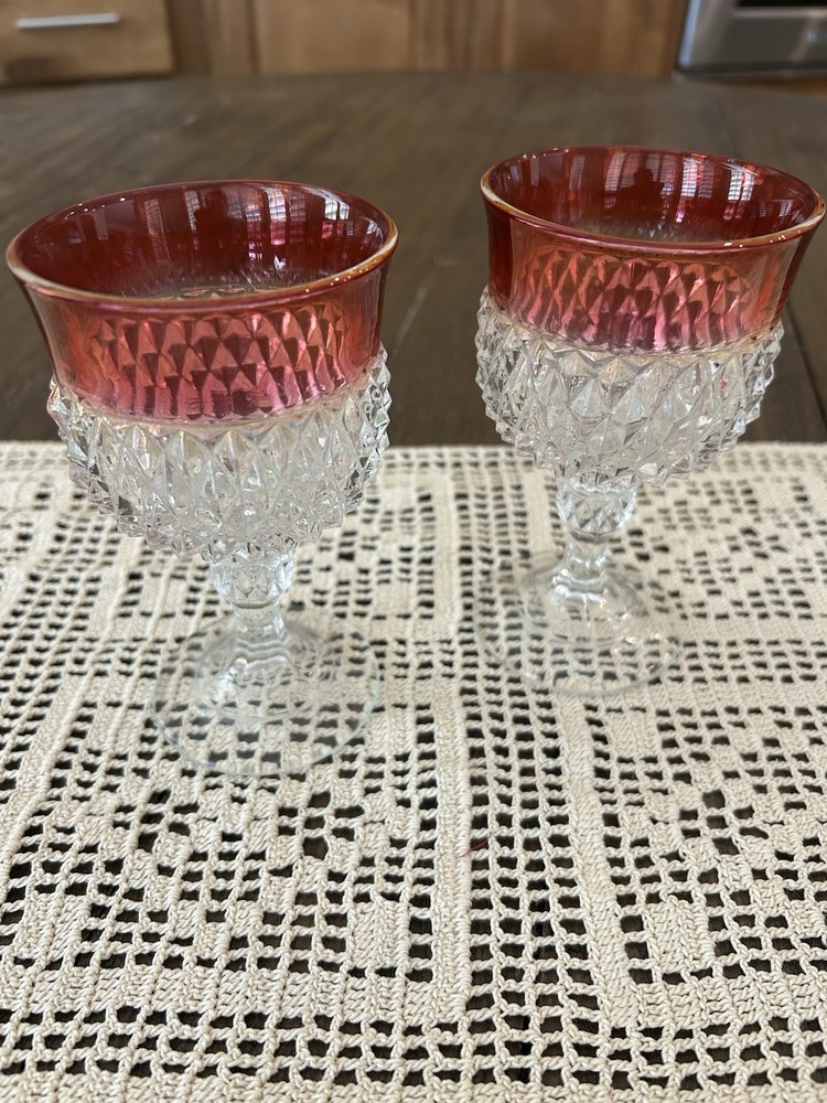 Indiana Glass Diamond Point Ruby Wine Glasses 5.25” Tall Set Of 2